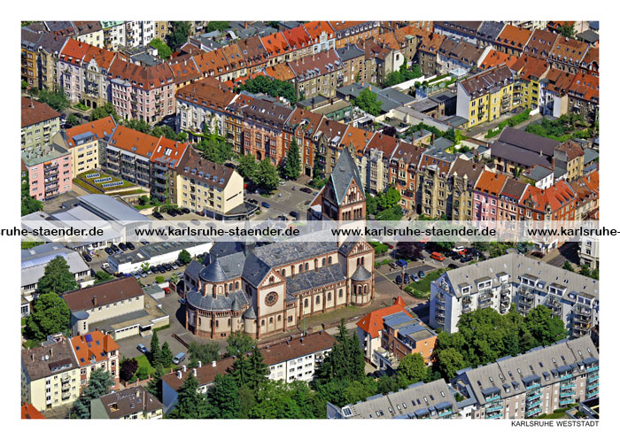 Postkarte Karlsruhe: Stadtteil Weststadt mit Sankt Bonifatius Postkarte Karlsruhe: Stadtteil Weststadt mit Sankt Bonifatius