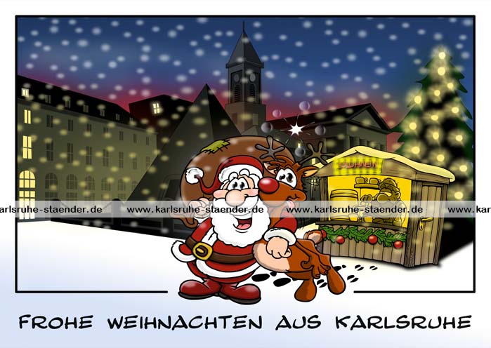 Postkarte Cartoon Frohe Weihnachten aus Karlsruhe
